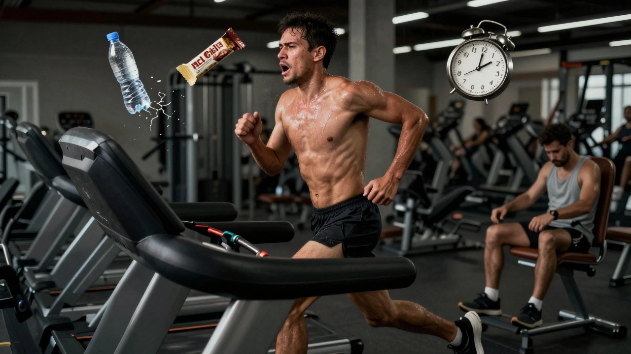 A runner on a treadmill surrounded by symbols of energy-draining habits.