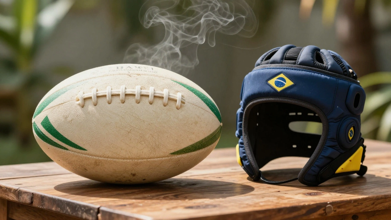 Brazilian-made rugby ball and headguards crafted from natural rubber and recycled materials.