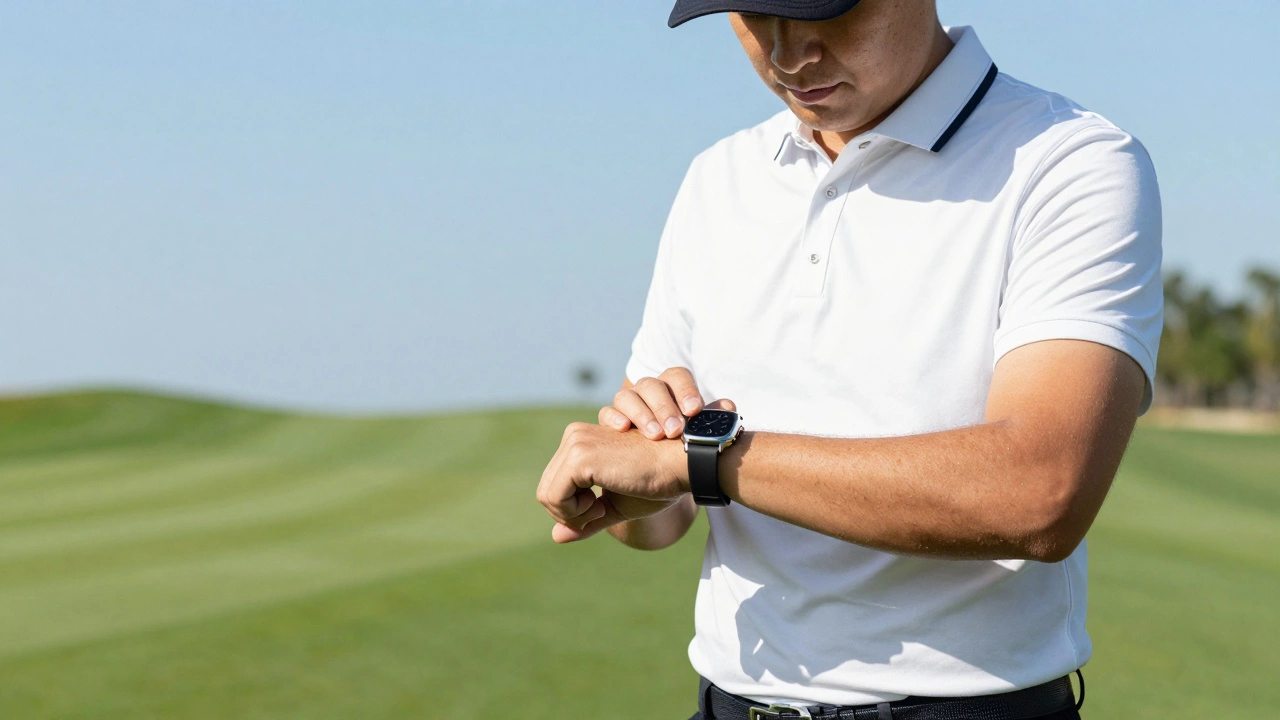Golfer checking smartwatch with 3 o'clock position on fairway