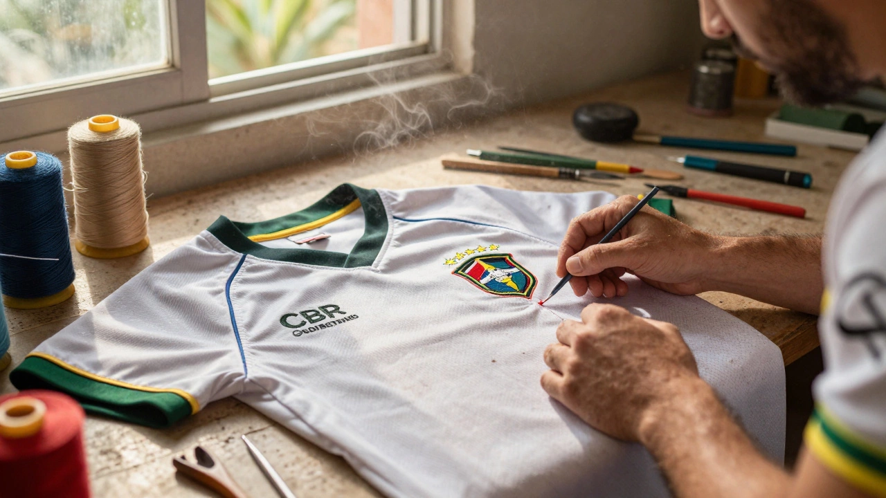 Hand-stitched Brazilian rugby jersey with official CBR patch being crafted in a humid workshop.