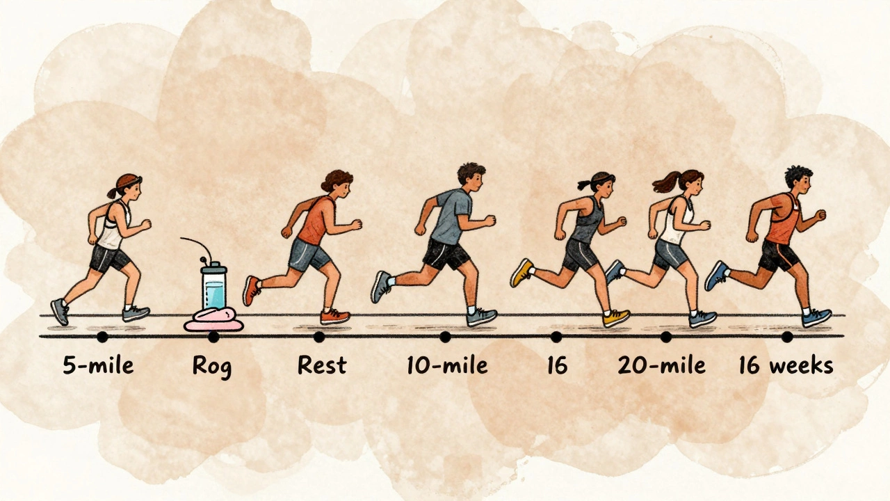 Illustrated timeline showing a runner's 16-week training progression with rest and hydration icons.