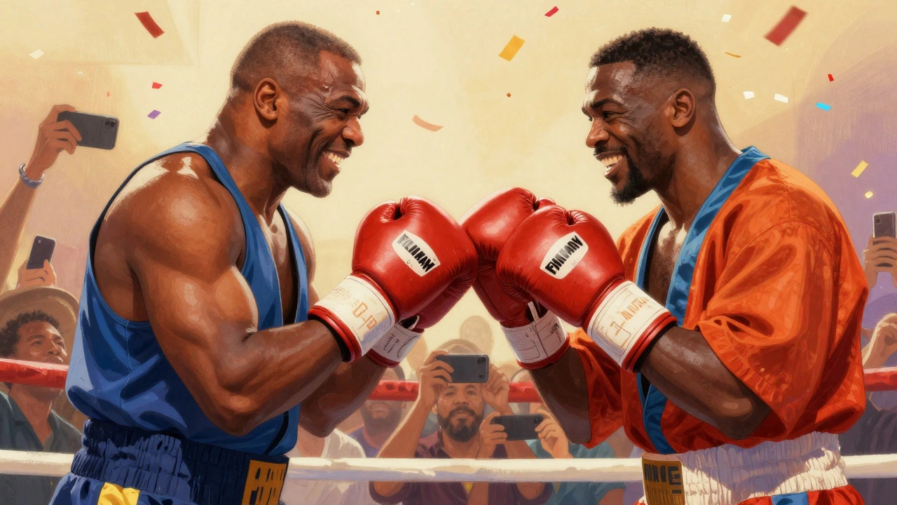 Retired boxing legends lightly sparring in colorful robes, audience cheering warmly.