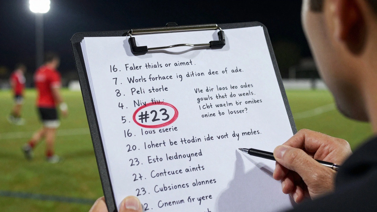 Rugby coach's clipboard showing substitution plan with number 23 circled, surrounded by tactical notes.