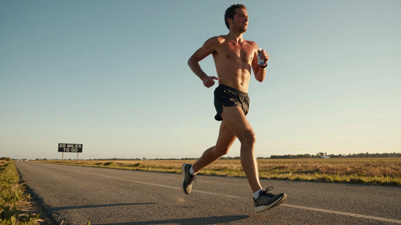 Runner at mile 18 of a long training run, clutching a gel pack, determined expression.