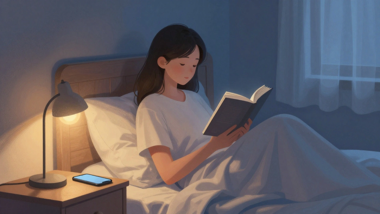 Someone reading a book in bed with phone turned away, soft lamplight and gentle curtains.