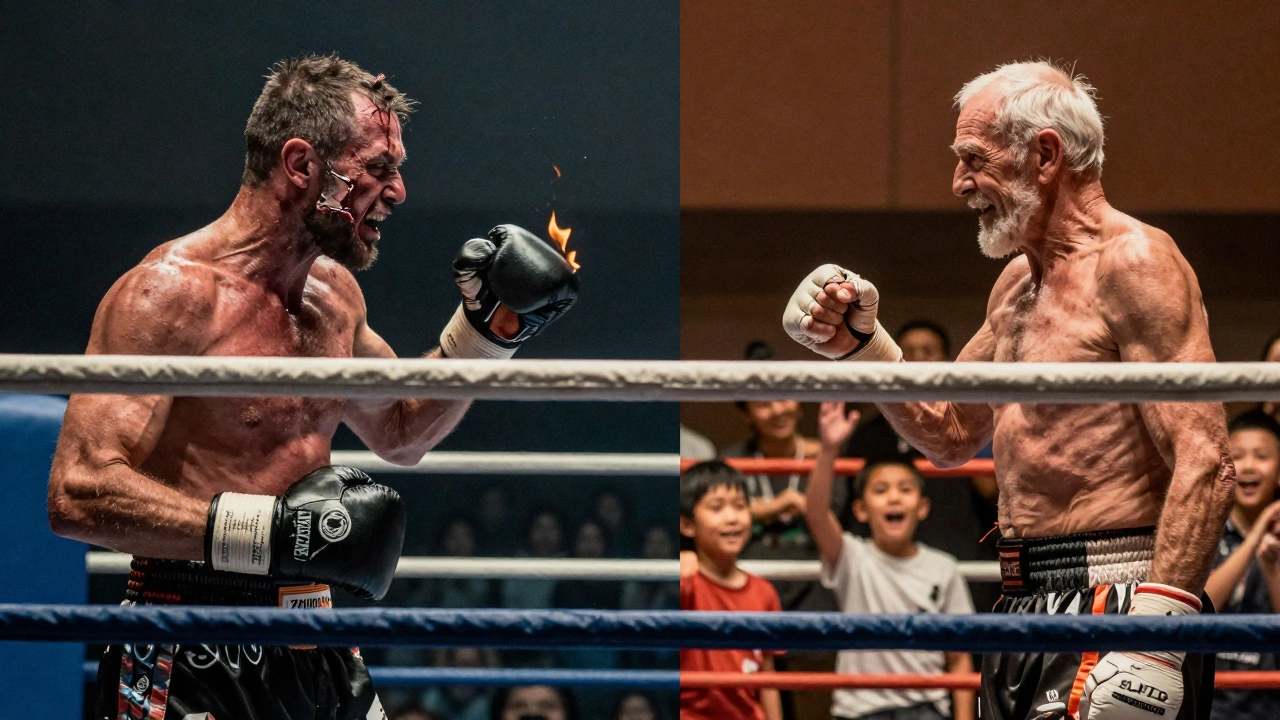 Split image: one side shows a brutal fight, the other a joyful exhibition with children watching.