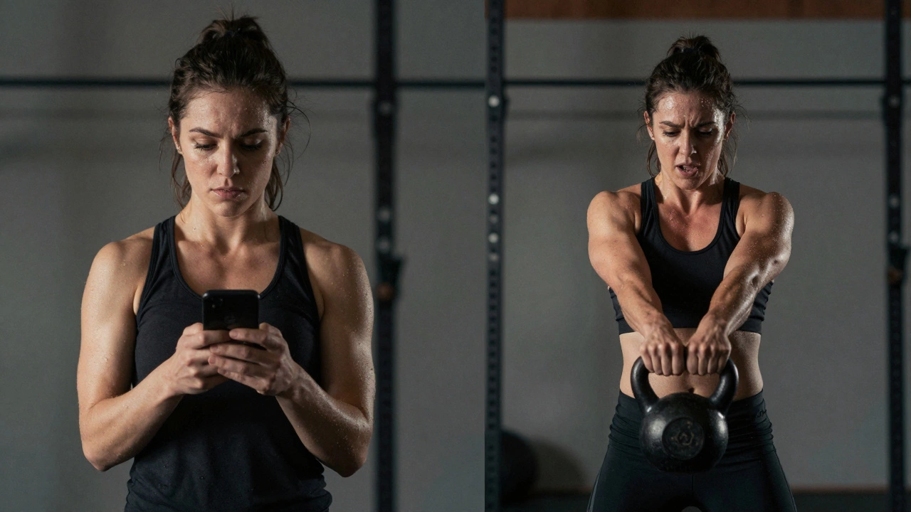 Split-screen: one side shows phone scrolling between sets, other shows explosive kettlebell swing with perfect form.