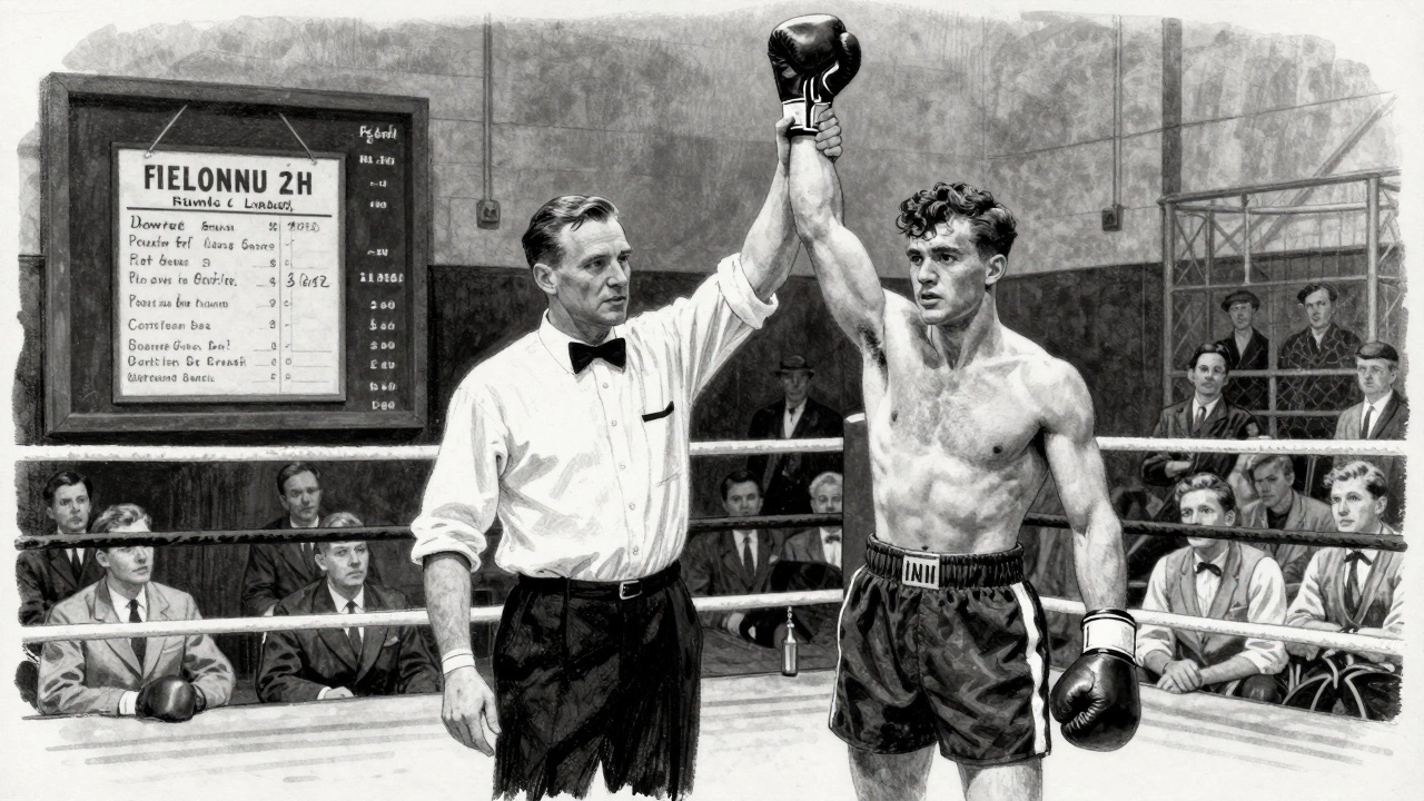 Vintage illustration of a referee raising a boxer's arm after a 12-round bout in a 1950s arena.