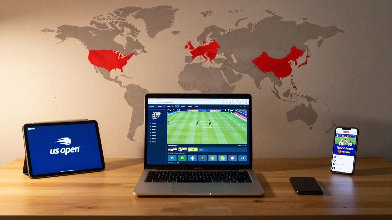 A desk with devices showing different tennis streaming services and a map highlighting blackout regions.