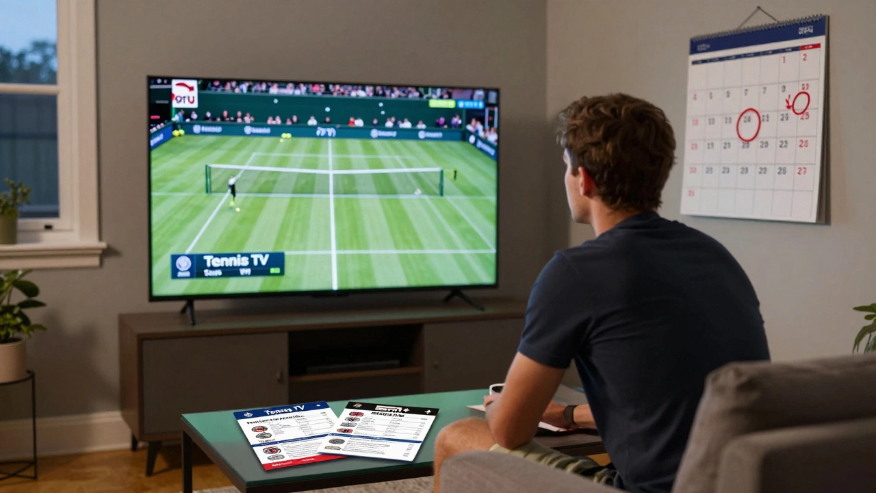A fan watching Tennis TV on a screen while Grand Slam dates are circled on a wall calendar.