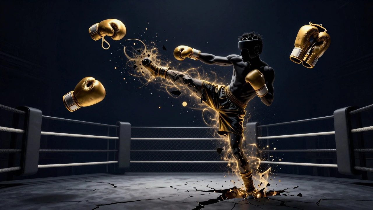 Abstract transformation of a boxer into a hybrid MMA fighter with symbolic elements.