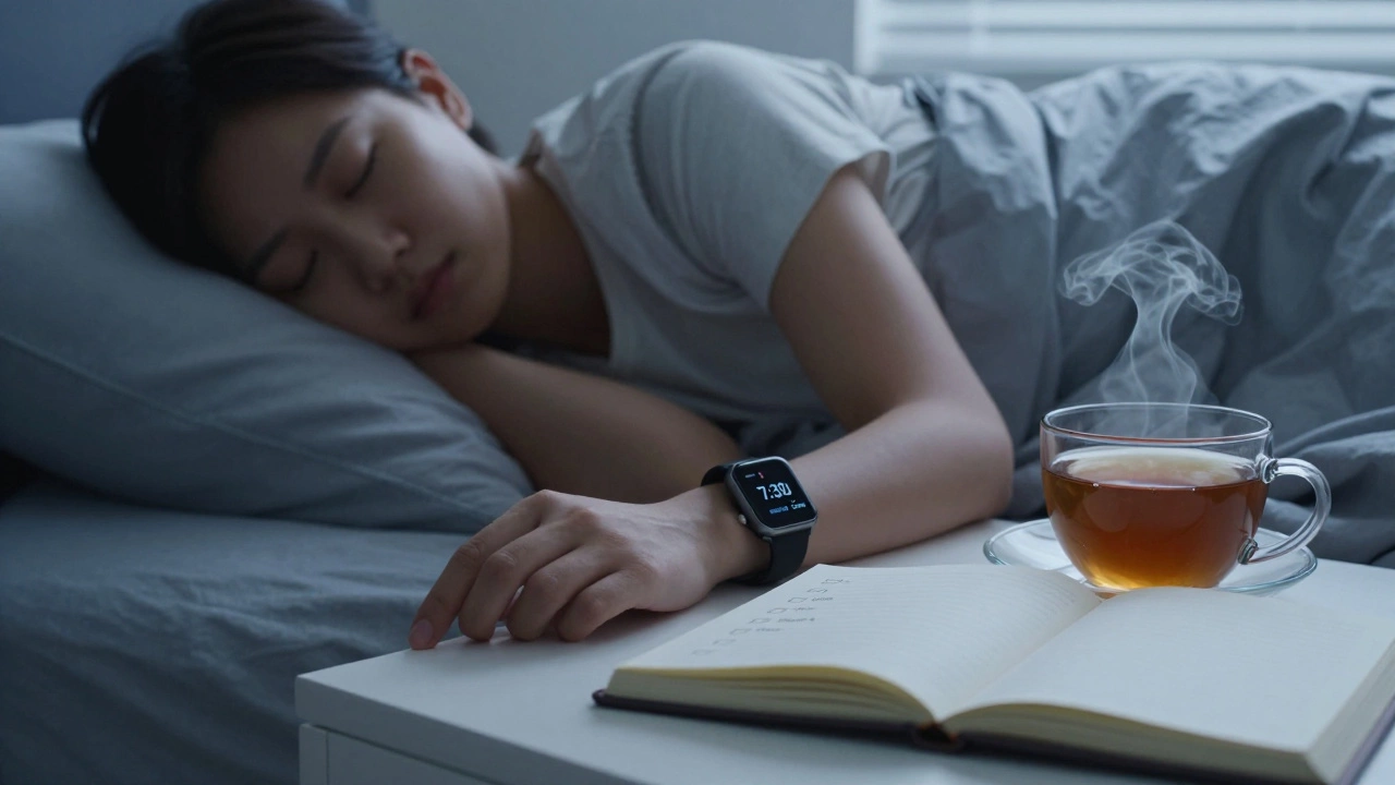 Calm bedroom scene with person sleeping, tea, and journal showing healthy habits.