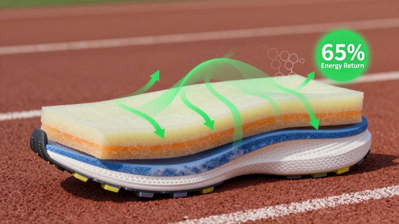 Cross-section of a running shoe midsole compressing and returning energy during footstrike.