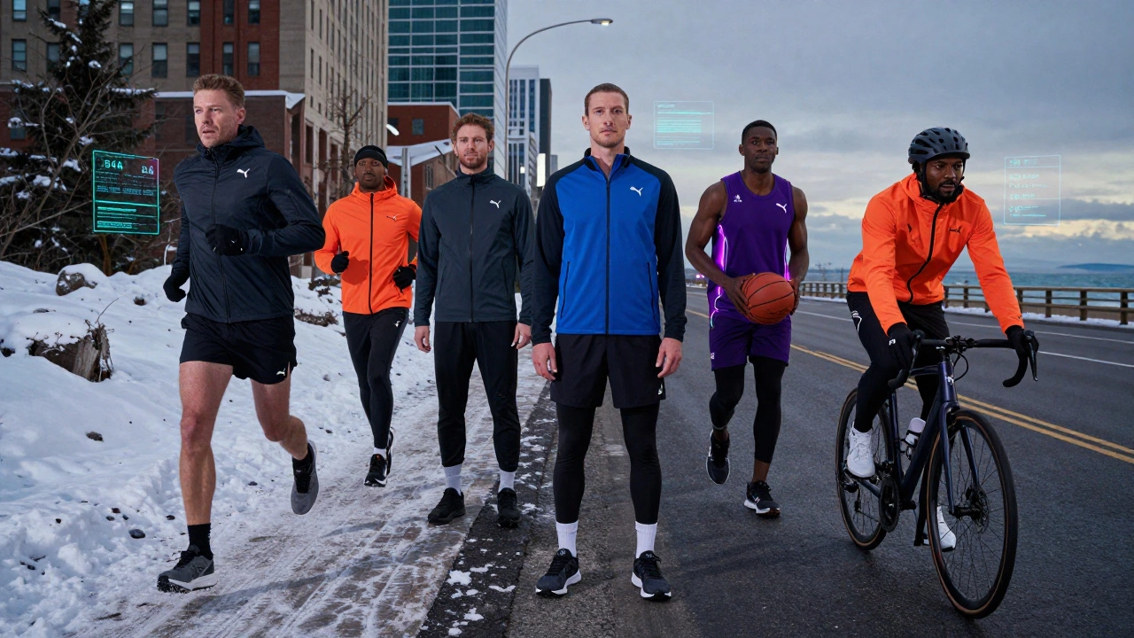 Diverse athletes in urban and extreme settings wearing top sports brands with digital performance overlays.