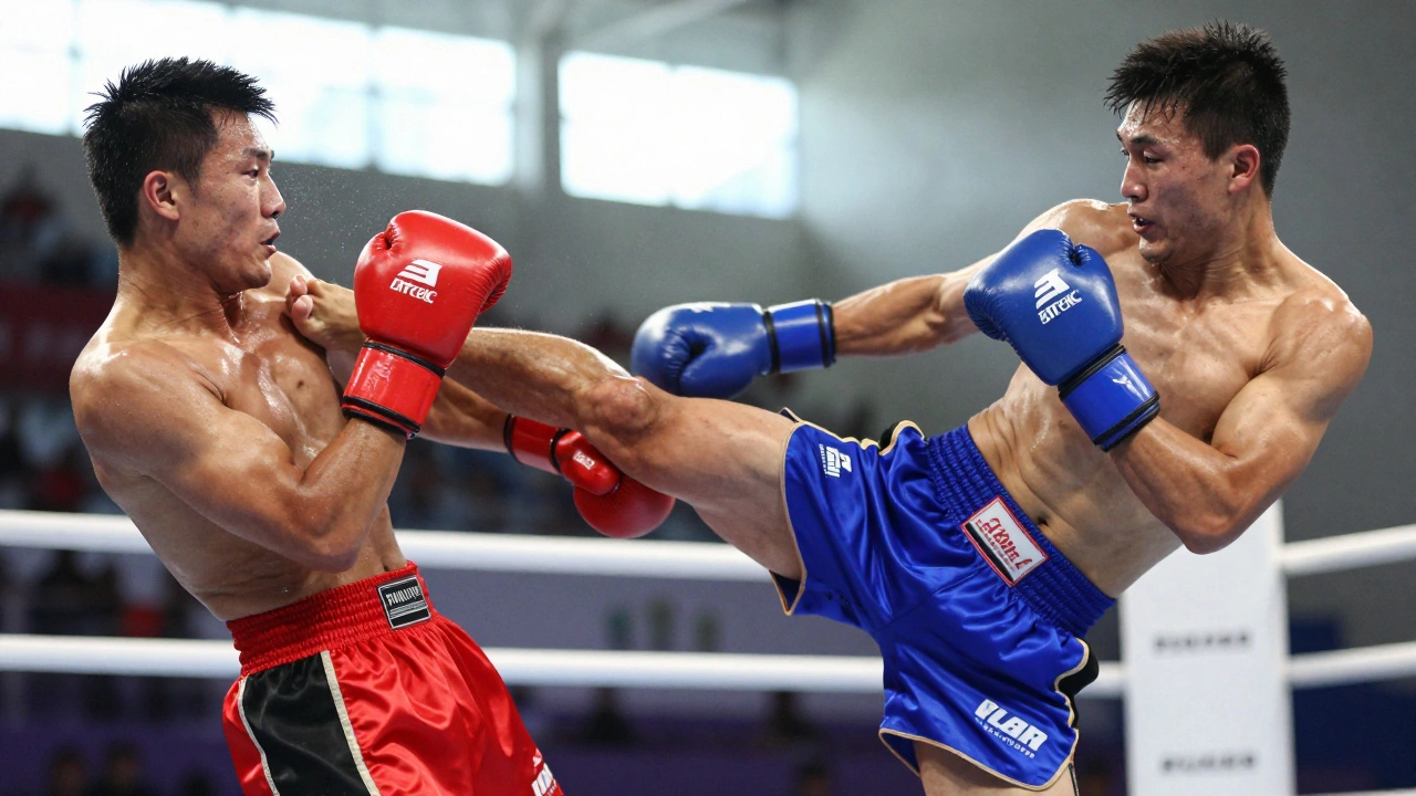 Fighters sparring mid-air showing kicks and grappling moves.