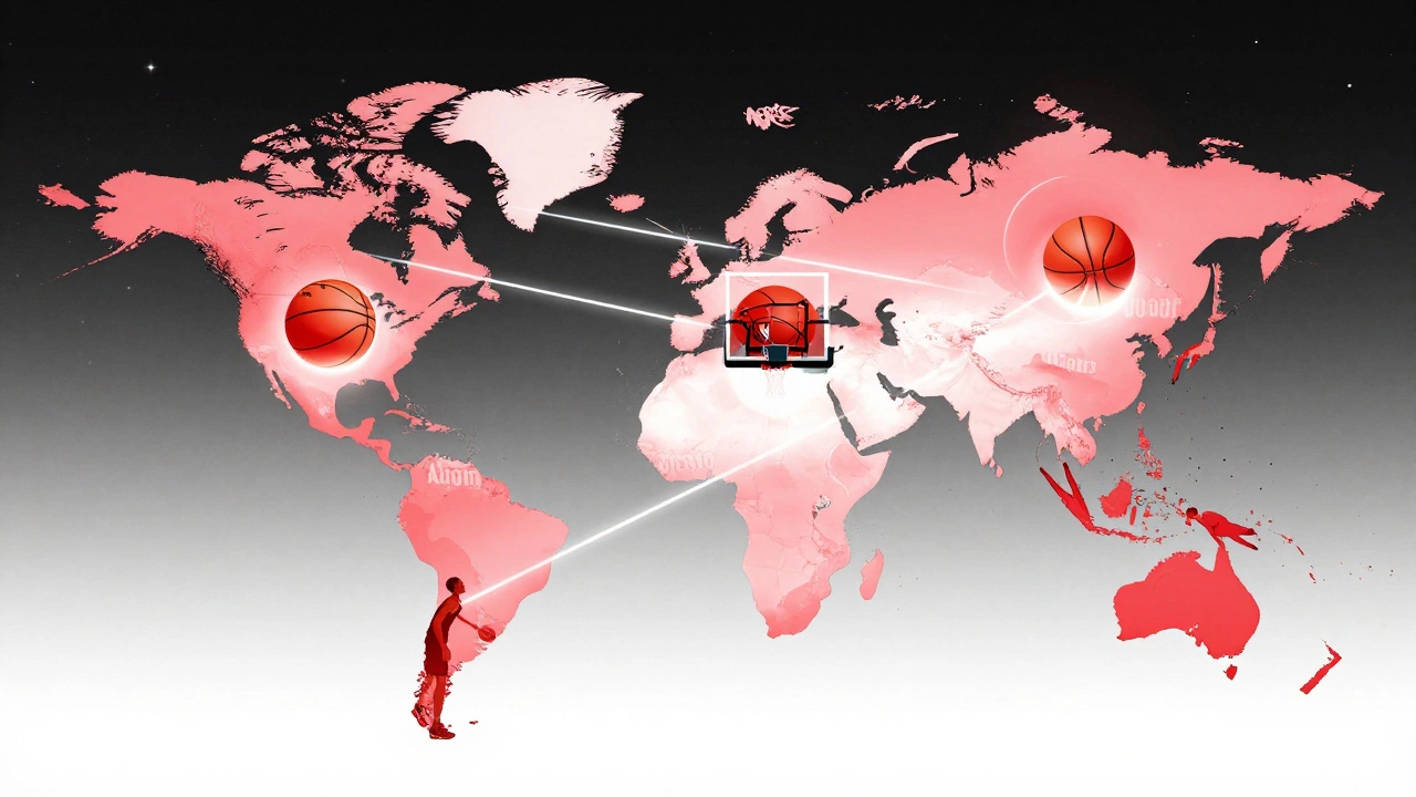 Global map with basketballs connecting cities worldwide, representing the NBA's international reach.