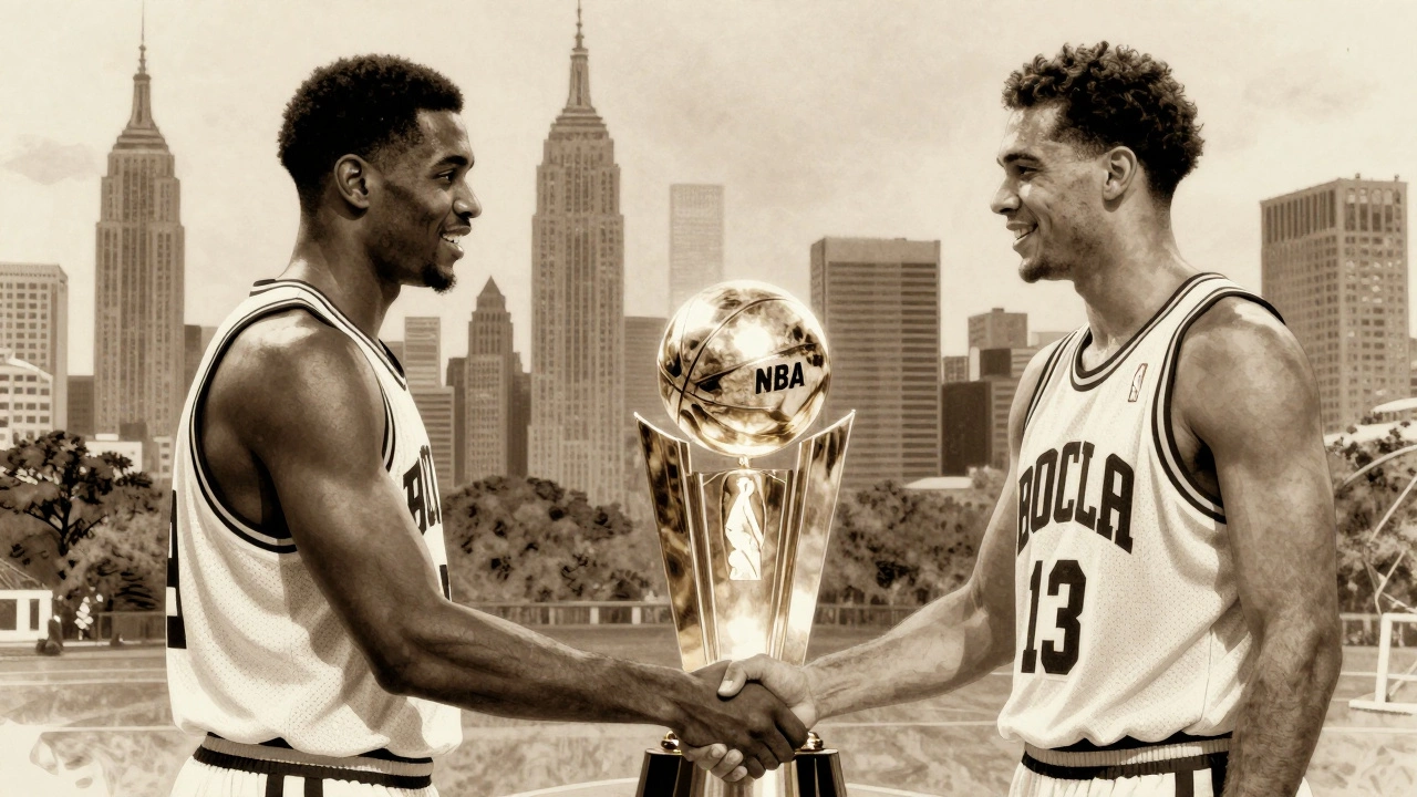 Historic 1949 merger of two basketball leagues symbolized by teams shaking hands over an NBA trophy.
