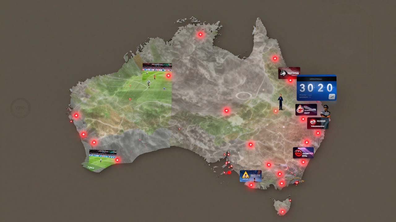 Map of Australia and New Zealand showing live rugby streams with a countdown timer for a free trial.