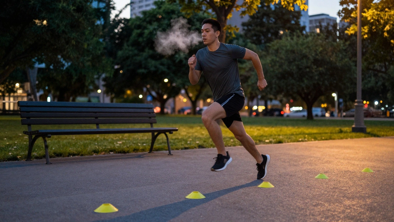 Person doing HIIT sprint drills in a park at dusk with ambient golden light.