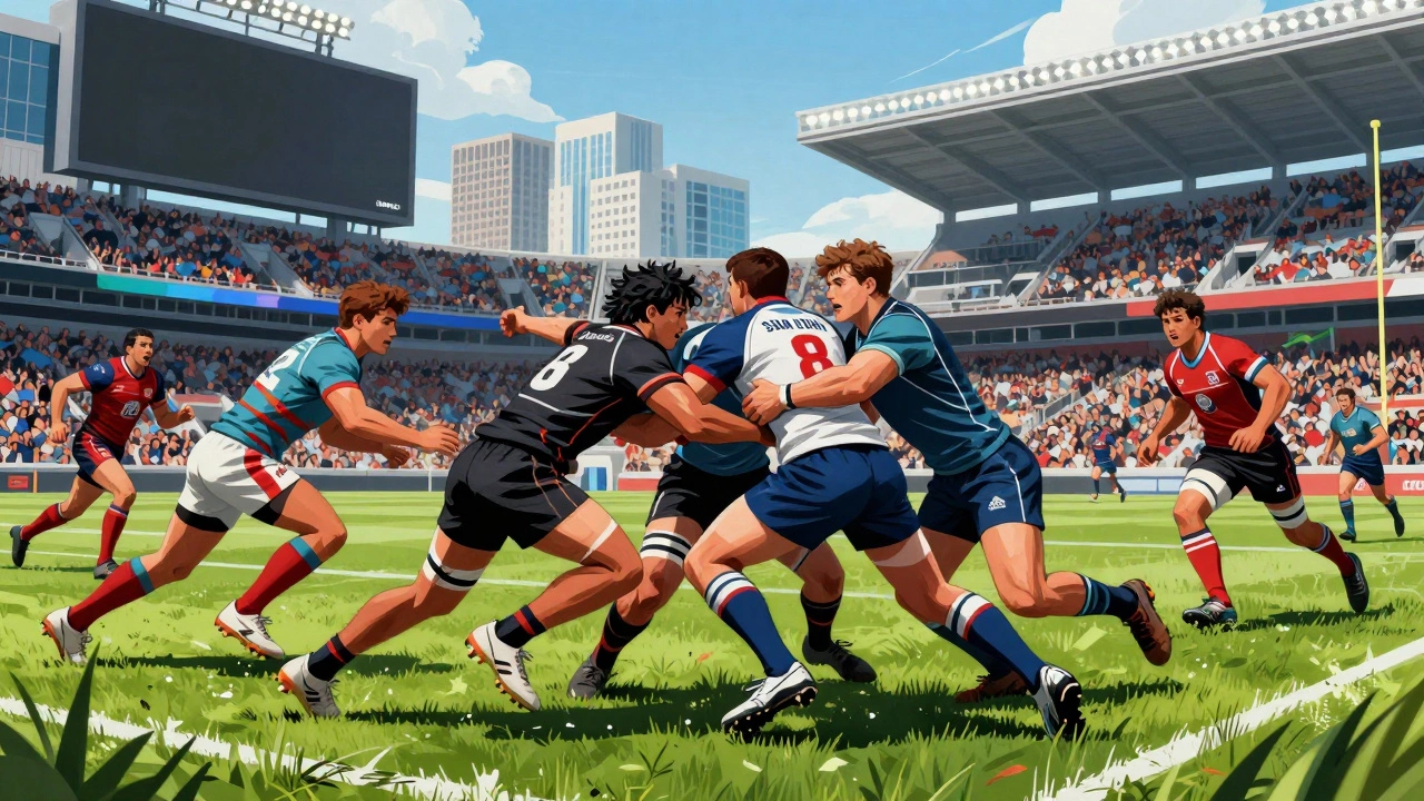 Professional rugby match in modern US stadium with active ruck play