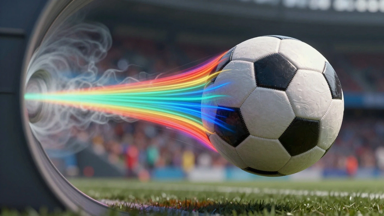 Soccer ball in wind tunnel with airflow patterns demonstrating reduced drag from seamless design.