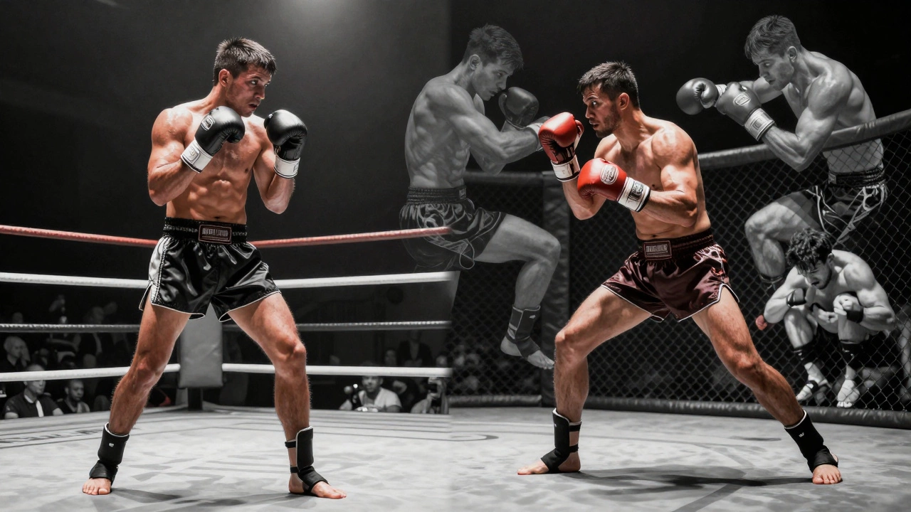 Split image of a boxer transitioning from ring stance to MMA fighting posture.