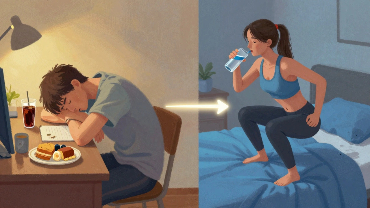 Split-image showing transformation from sedentary lifestyle to active routine through small daily choices.