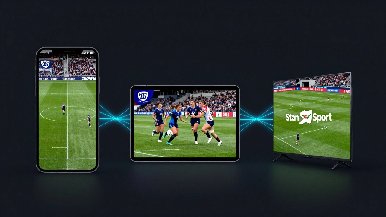 Three devices simultaneously streaming different rugby matches from Stan Sport with no ads.