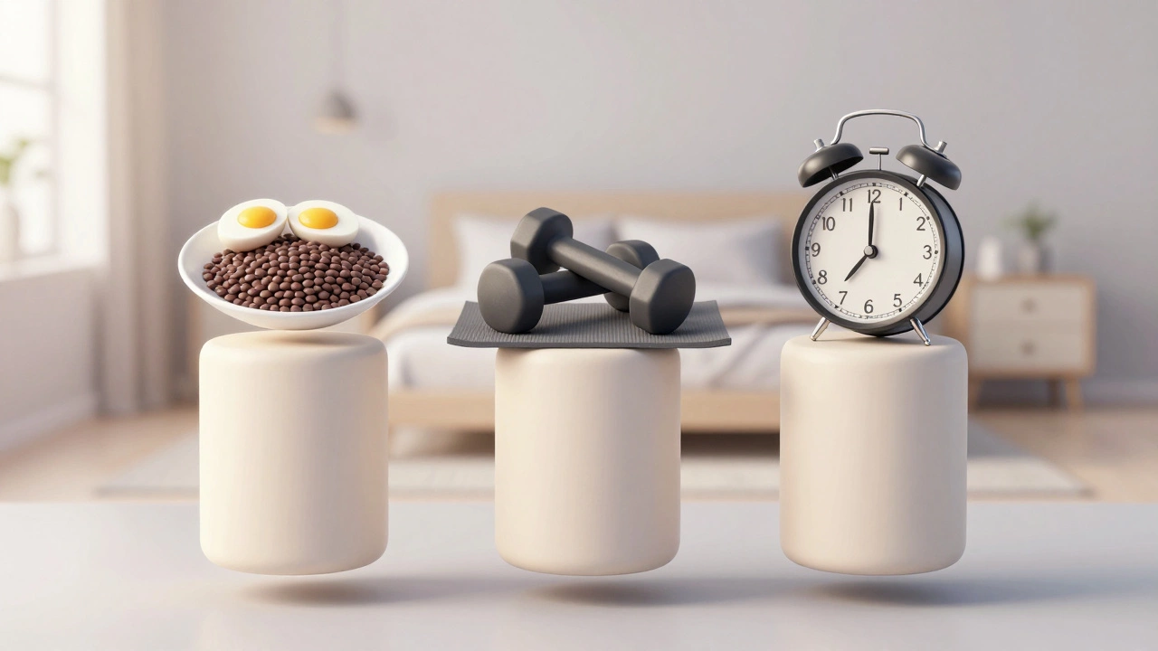 Three foundational pillars of body transformation: nutrition, movement, and sleep, depicted as symbolic objects.