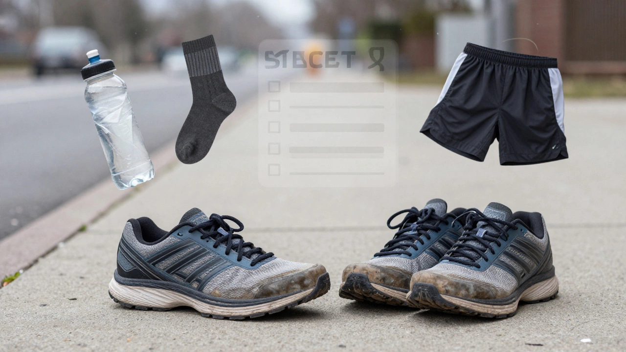 Worn-out running shoes beside a new pair, with essential sports gear floating above in a snowy urban setting.