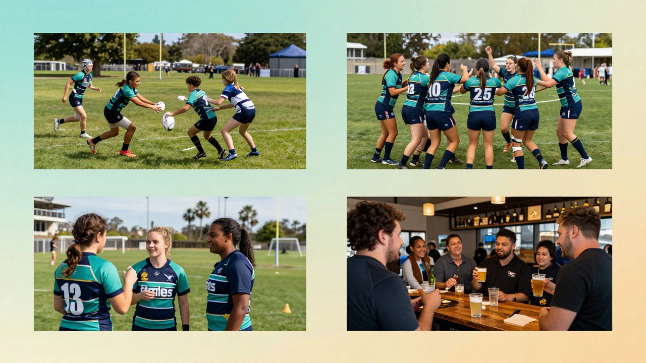 Youth and women rugby teams alongside social fan gathering