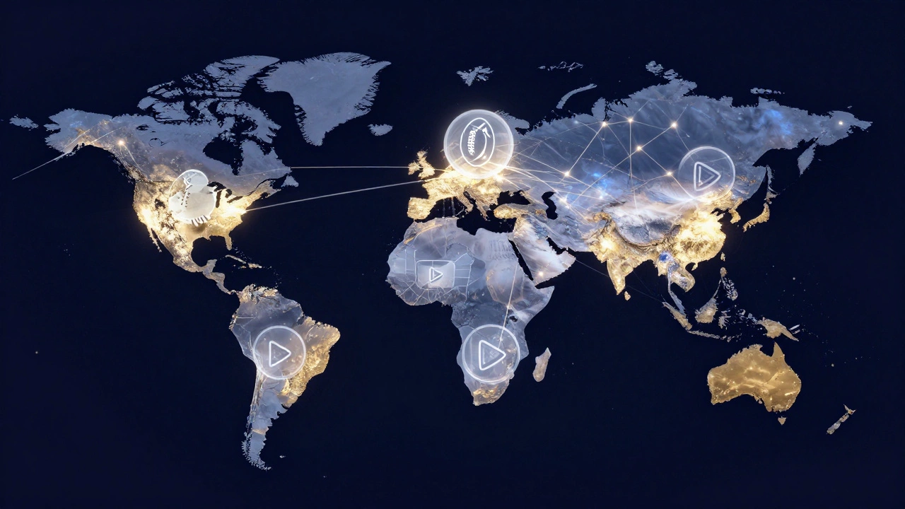 A digital conceptual map of the world showing the interconnected nature of global rugby streaming rights.