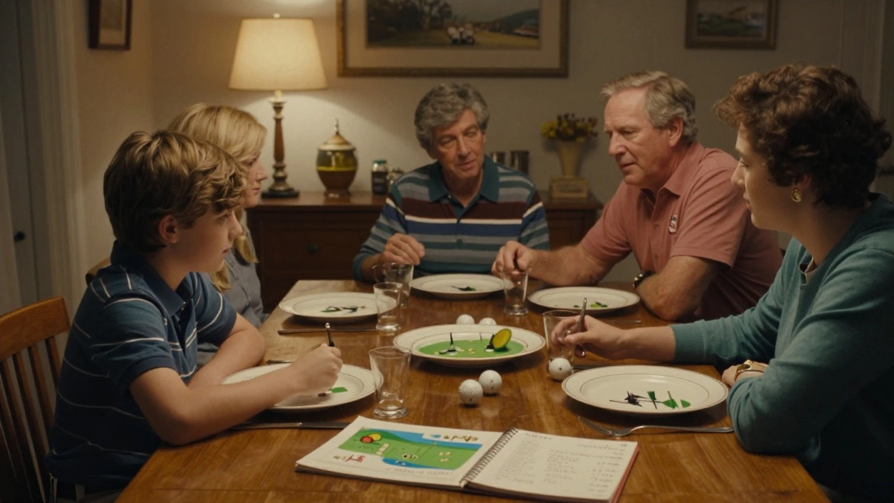 A family discussing golf over dinner in a 1980s home setting