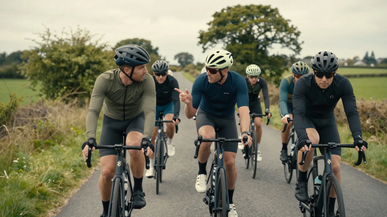 A group of cyclists communicating through hand gestures on a rural road