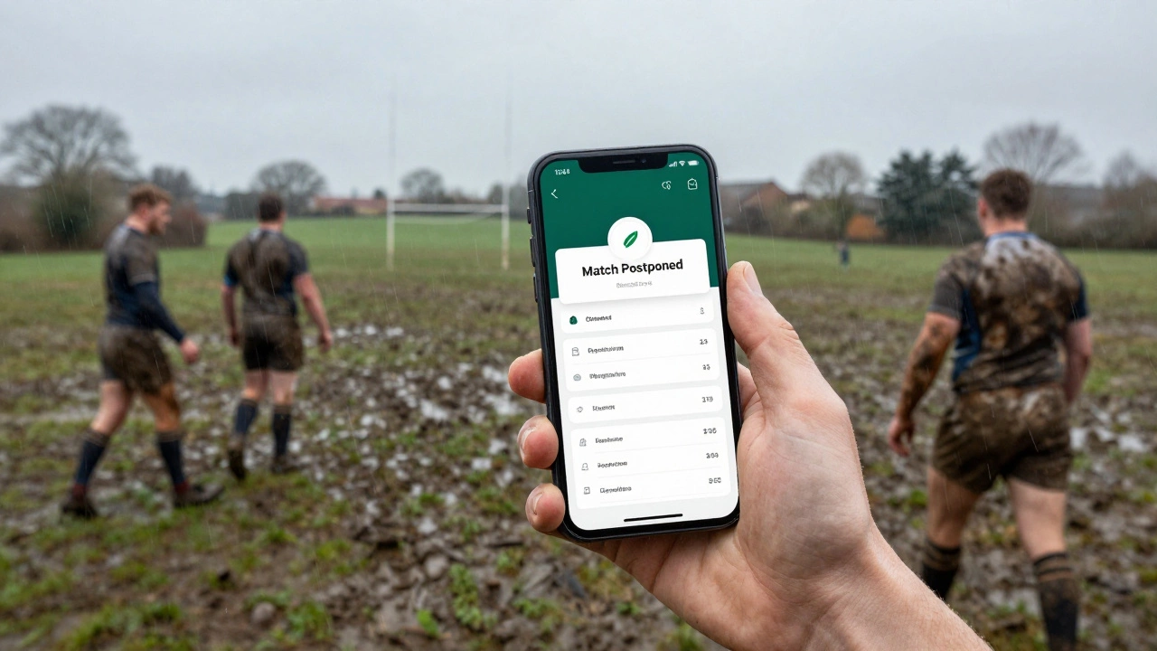 A person holding a smartphone with a match update app in front of a muddy rugby field in the rain.