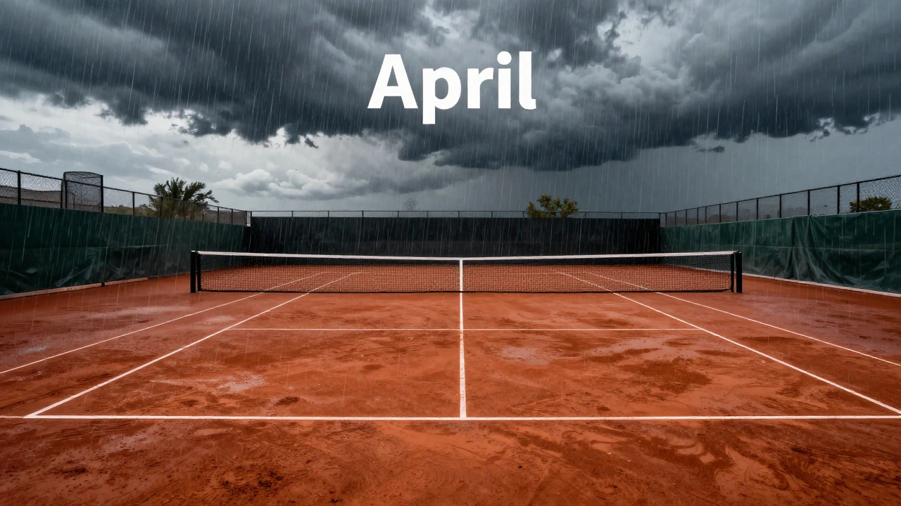 A red clay tennis court partially covered by a sudden rain shower under dark clouds.