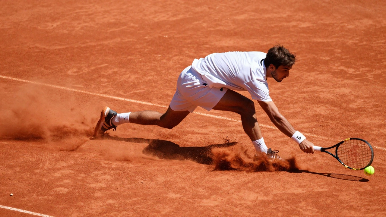 A tennis player sliding on a red clay court, kicking up orange dust during a match.