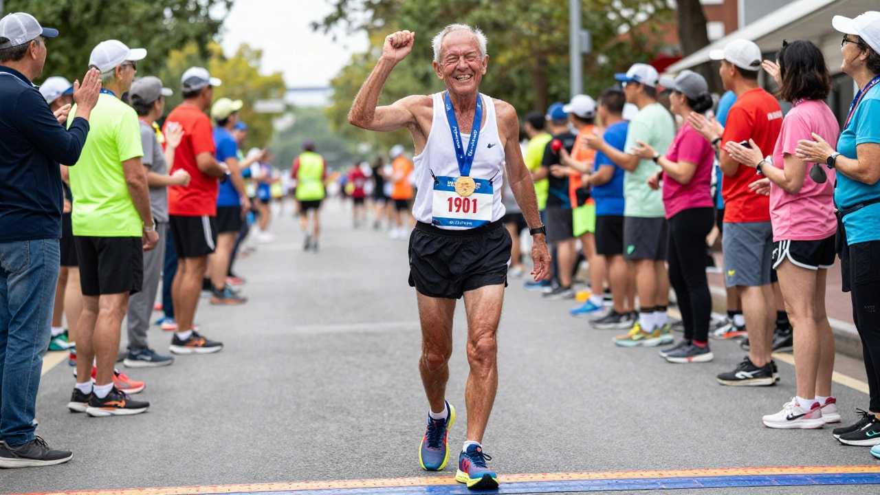 An elderly marathon runner crossing the finish line with a joyful, determined expression.