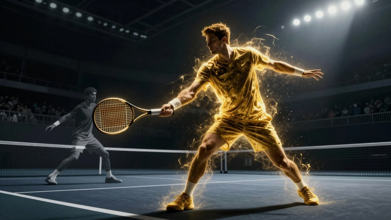 Artistic depiction of a dominant tennis player facing a struggling opponent.