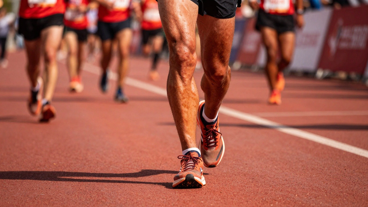 Close-up of a runner's legs pushing through the final miles of a marathon.