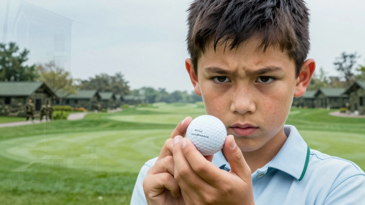 Close-up of a young Tiger Woods with a determined expression while putting