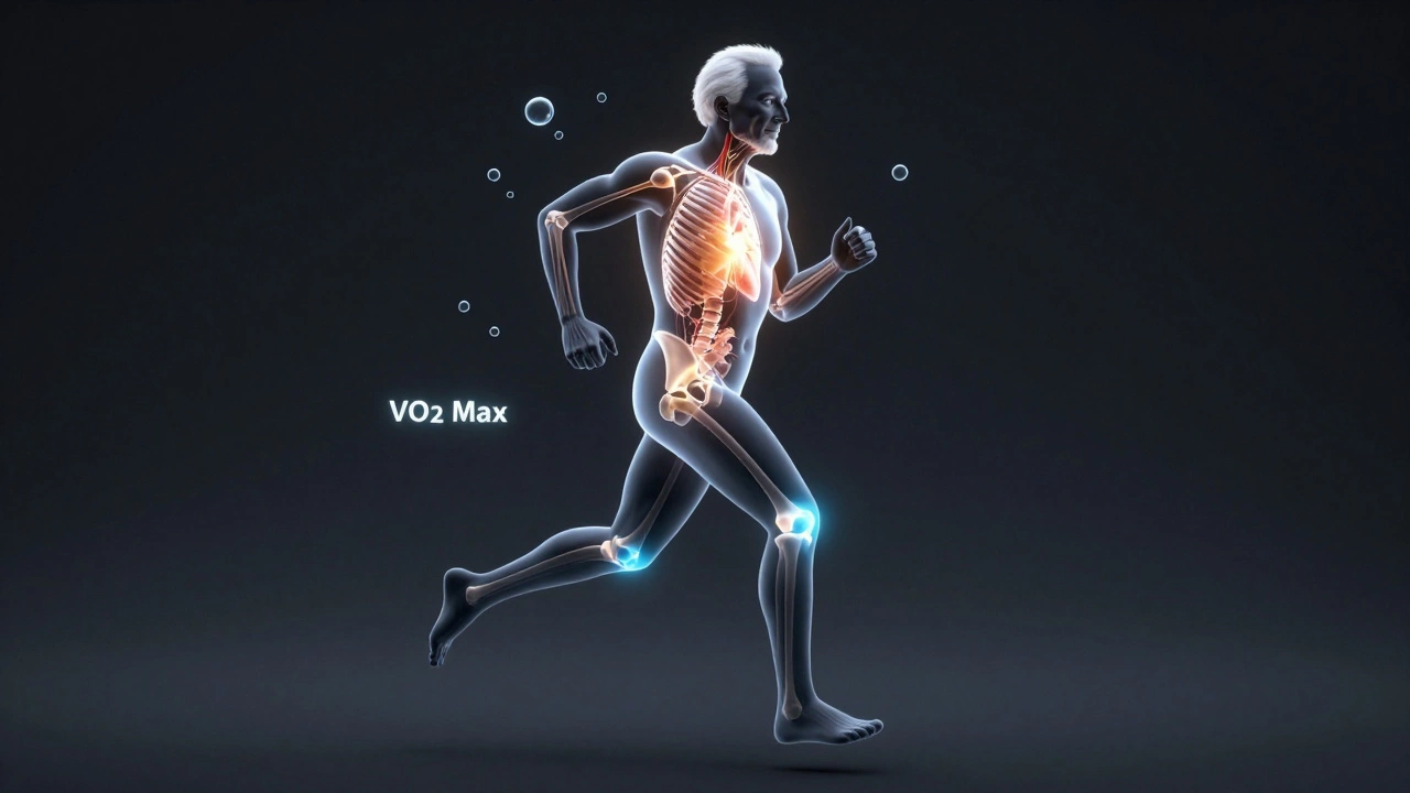 Conceptual 3D render of a senior athlete showing glowing joints and cardiovascular system.