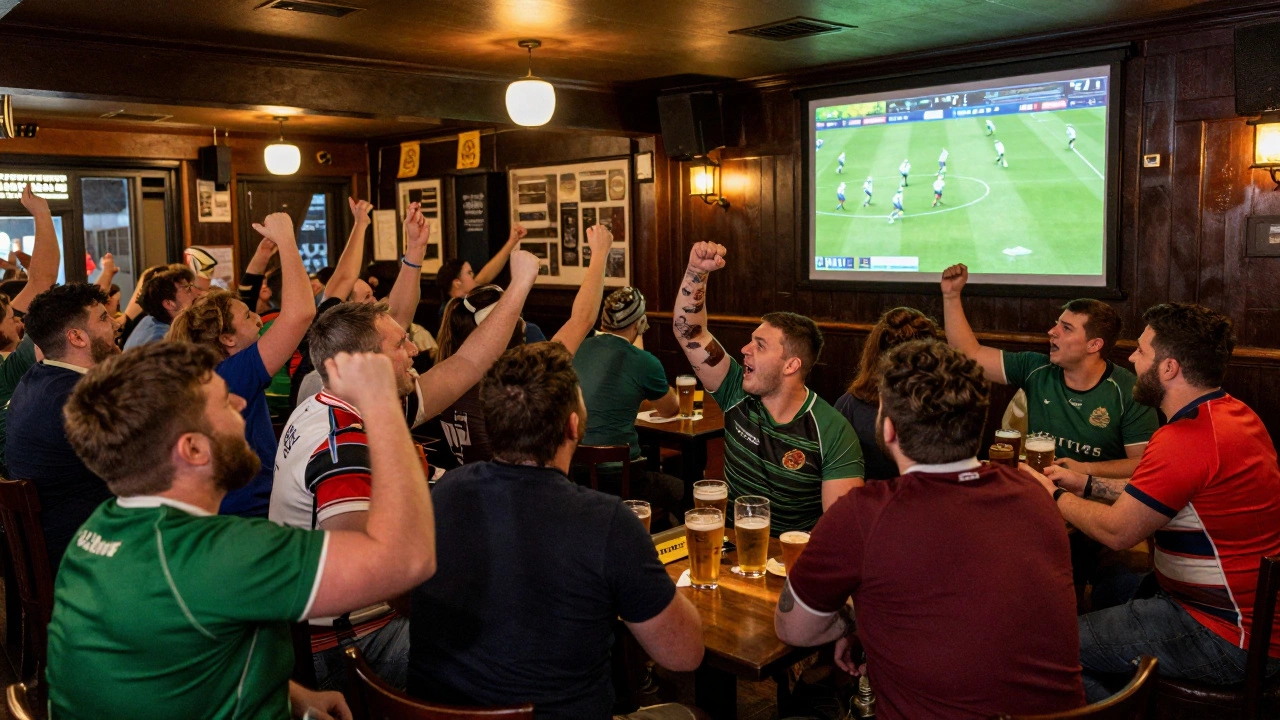 Crowd of rugby fans cheering in a cozy, traditional Irish pub