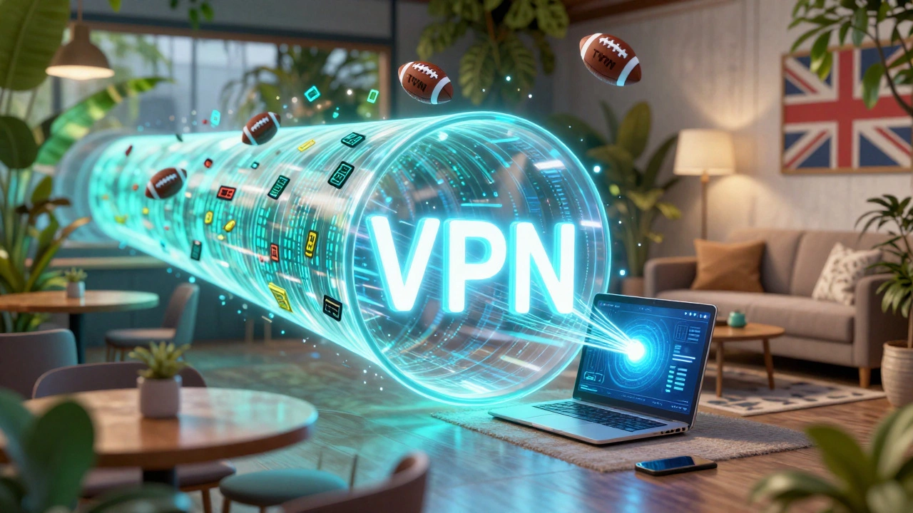 Digital illustration of a VPN tunnel connecting a laptop in Bangkok to the UK