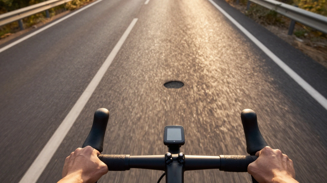 First-person view of a cyclist planning a smooth path to avoid a pothole