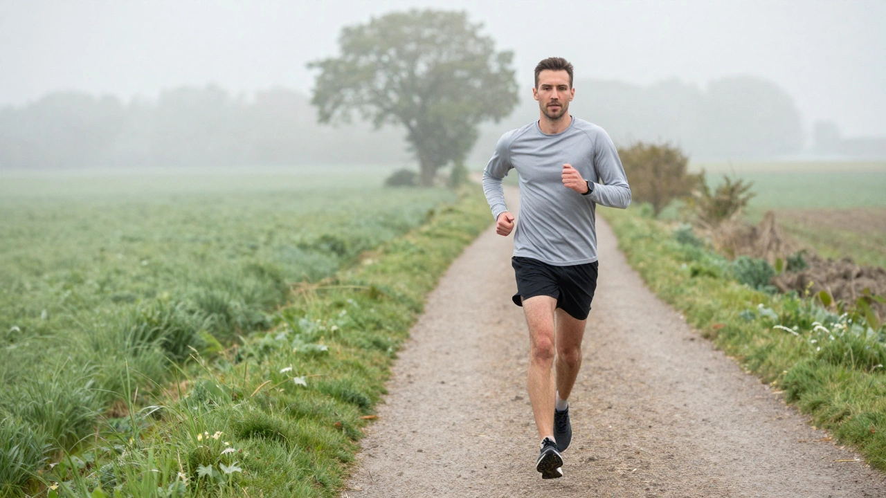 Runner jogging slowly on a misty green country path in the United Kingdom