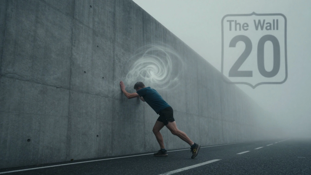 Runner struggling against a conceptual invisible wall representing extreme fatigue.