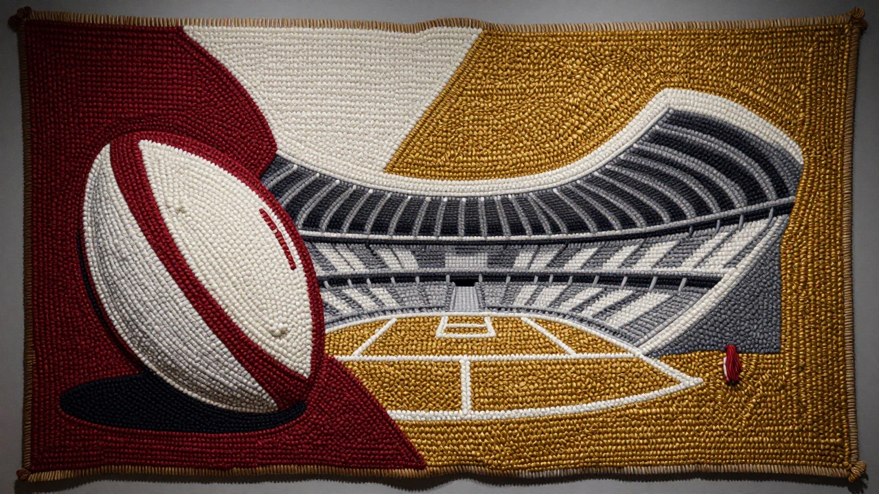 Abstract tapestry weaving cultural threads into a rugby ball shape