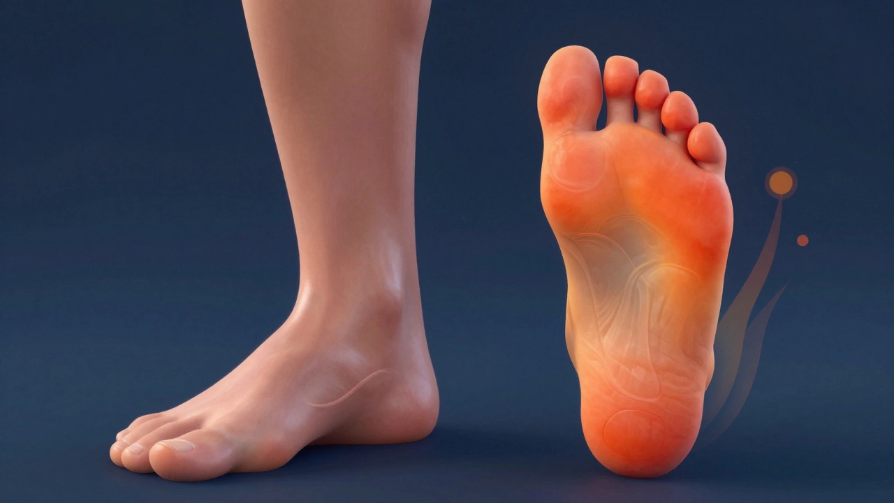 Artistic depiction of two feet with heat maps showing swelling and size differences.