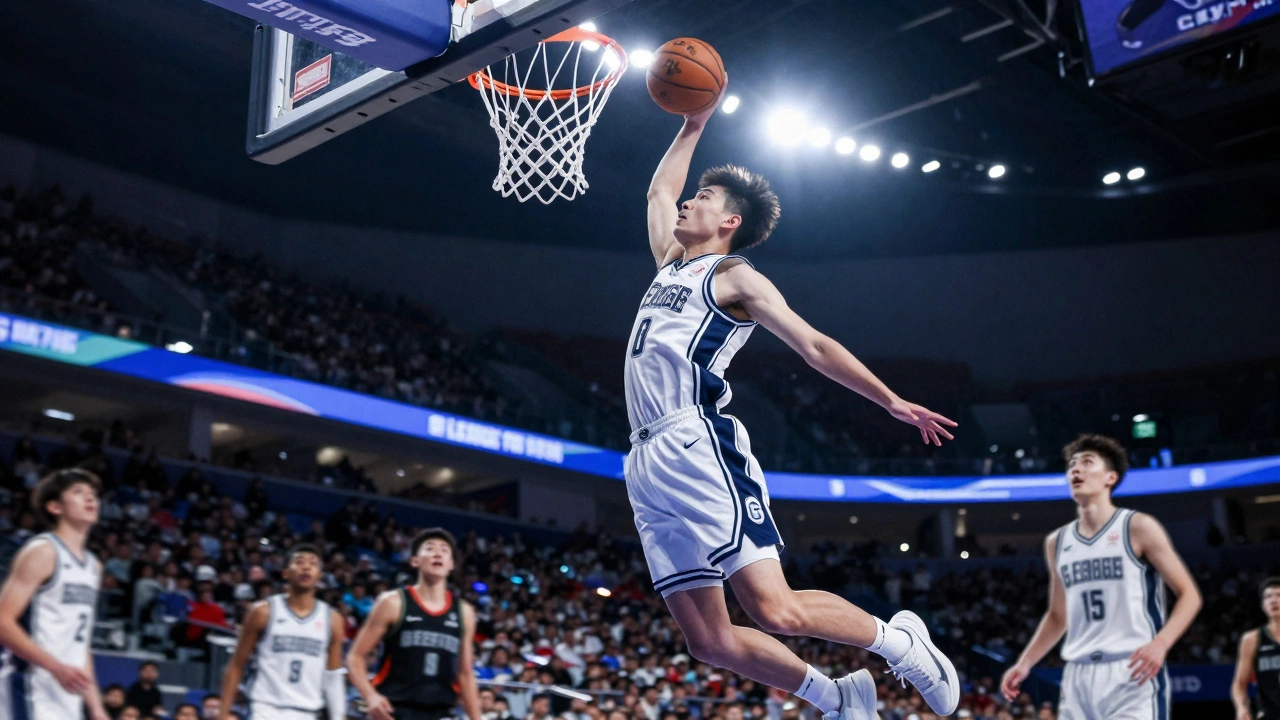 Basketball player dunking under arena lights